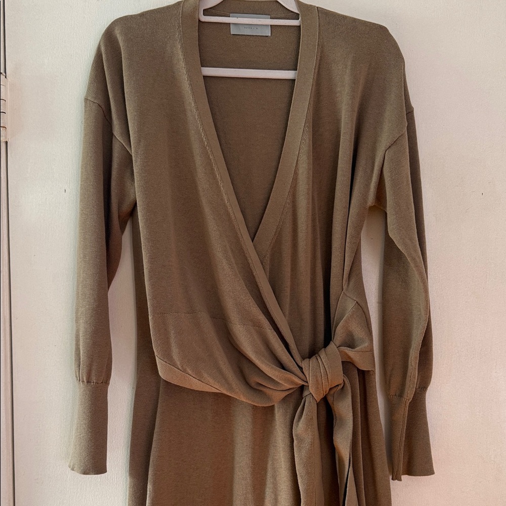 Modern Citizen Petite Knit Wrap-Front Long Sleeve Dress in Tan